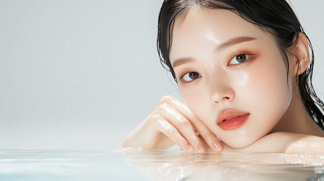 水中に佇む若い女性の美しいクローズアップポートレート。濡れた髪と輝く肌が、フレッシュさと潤い、ナチュラルな美しさを表現しています。スキンケアやウェルネス関連のビジュアルに最適です。