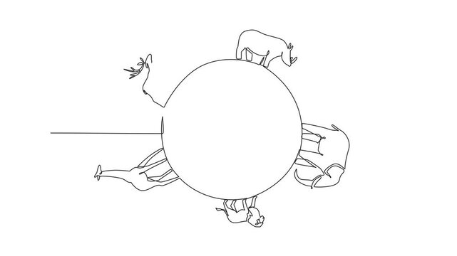 Animated self drawing of continuous one line drawing giraffes, elephants, deer, lions, rhinoceros surround globe. Diversity of animals on earth. World Wildlife Day. Full length single line animation