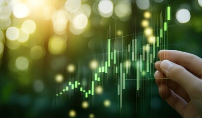 Hand interacts with a financial chart, overlaid on a blurred natural background.  A close-up view of a person's hand touching a digital stock market graph, showing upward trending values. 