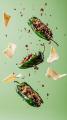 Levitating Chiles Rellenos with Ground Beef and Cheese. Concepts of Latin American food, peppers, spicy food, levitation, corn chips, ground beef, appetizer, national food, crumbs