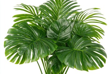 Lush, vibrant green artificial tropical plant with large, split leaves