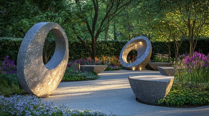 Fototapeta premium Modern Stone Sculptures in Serene Garden Setting with Colorful Flowers
