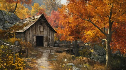 Autumn Cabin in the Woods; tranquil scene; possible use nature photography