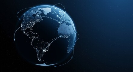 Interconnected World Network with Glowing City Lights and Global Routes