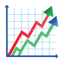 A blue arrow sharply trending upwards over fluctuating red and green lines on a grid on a white background.