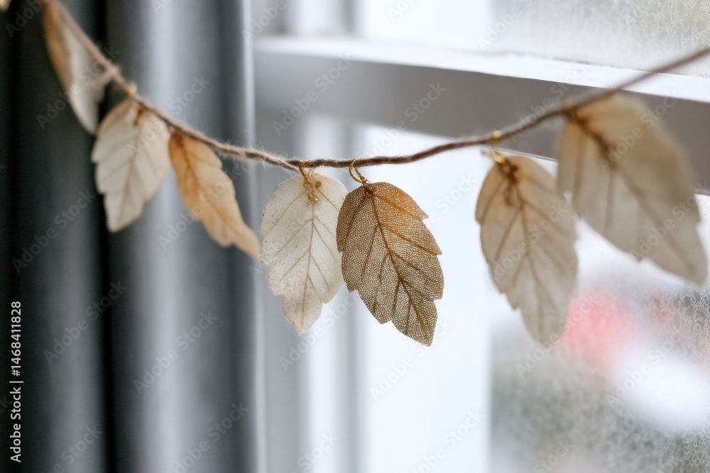 Aufkleber decorative leaf garland hanging across window with curtain edge creating a cozy atmosphere in a livi