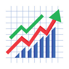 A blue arrow sharply trending upwards over fluctuating red and green lines on a grid on a white background.