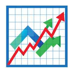 A blue arrow sharply trending upwards over fluctuating red and green lines on a grid on a white background.