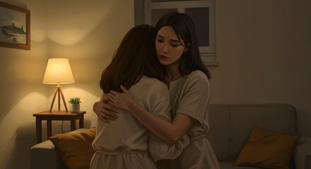 Fototapeta premium Two Women Embracing Comfort and Support in a Cozy Living Room During Evening