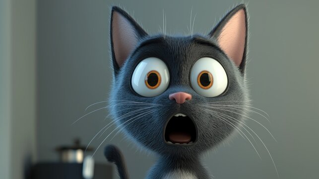 Animated cat, surprised expression, indoor scene, pot in background.  Use for children's book cover or cartoon