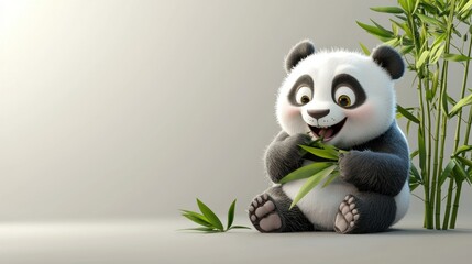 Cute cartoon panda eating bamboo in a studio setting with bamboo background