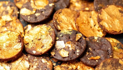 Delicious Chocolate Cookies Decorated with Edible Gold Flakes Close Up