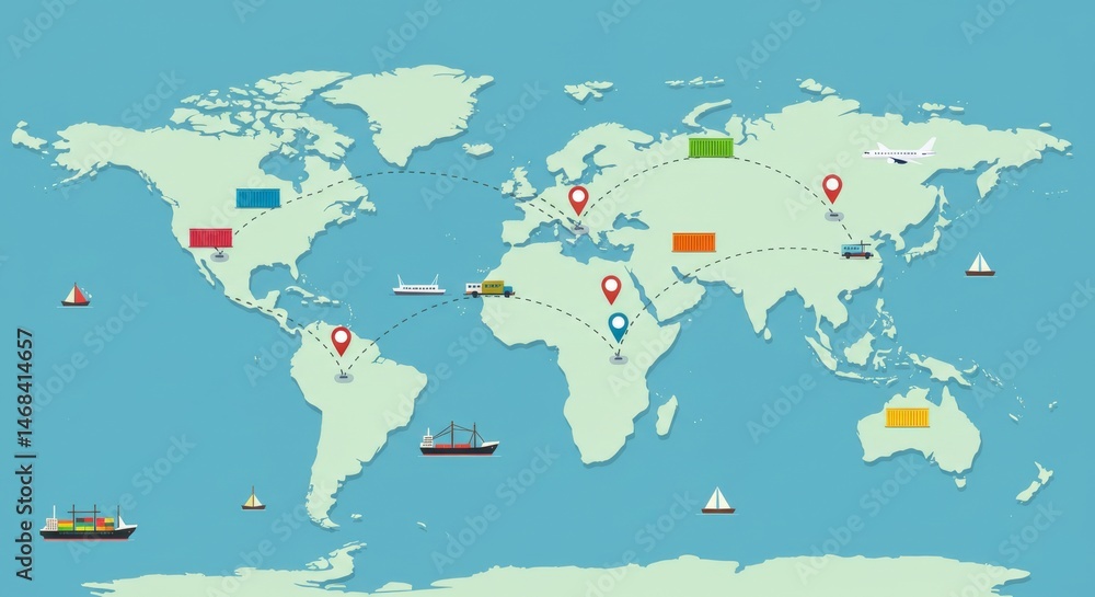 Poster global transportation network with diverse modes spanning across continents