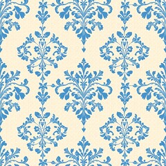 Fototapeta premium A repeating pattern of blue floral damask designs on a light beige background creating a wallpaper effect