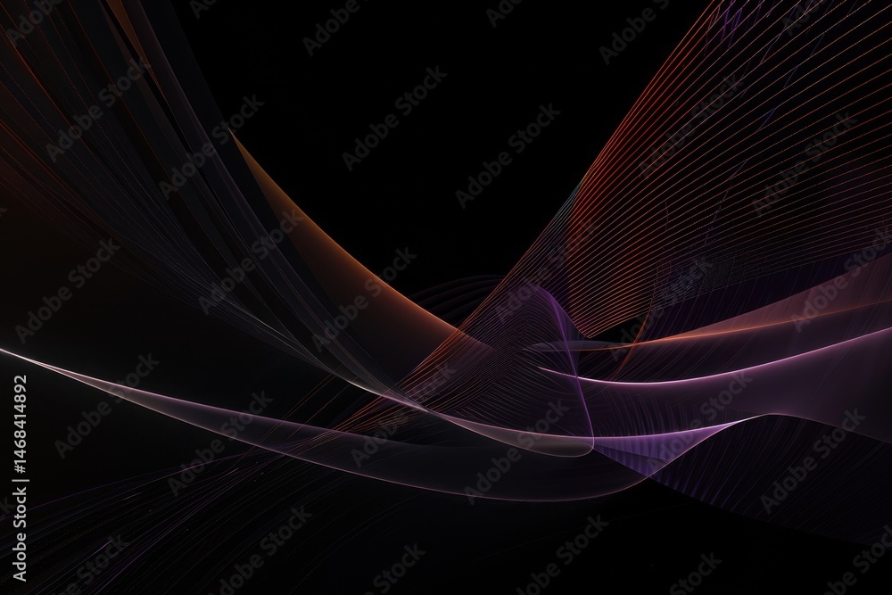Poster purple waves with glowing particles on a dark background. digital art with fluid motion and depth. b