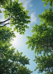 Fototapeta premium Deep green leaves against a bright sky, treetops close up, growth, twig, cloud