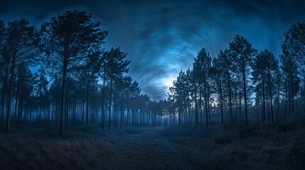 Forest at night with a cloudy sky. The trees are tall and dark, and the sky is cloudy
