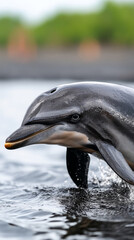 Dramatic scene of a dolphin struggling in oil-polluted shallow waters highlighting environmental impact