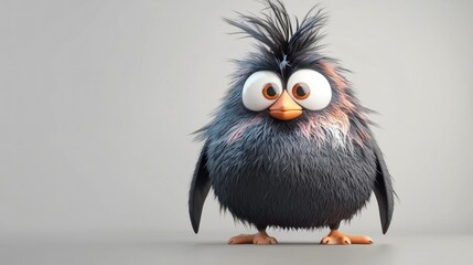 Cartoon bird, posed, gray studio background, expressive eyes