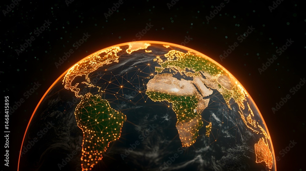 Poster the image shows a stylized earth with glowing lines connecting various points, representing global i