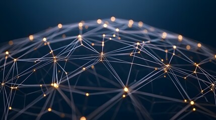 Obraz premium The image shows a complex network of interconnected nodes, resembling a constellation or a neural network, with glowing points of light at the intersections of the lines. The overall effect is one o
