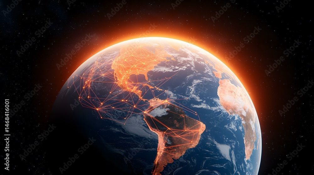Poster the image shows a digitally enhanced view of earth from space, with a focus on the americas. a netwo