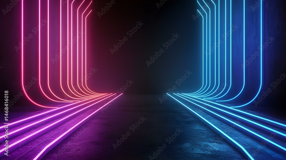 Poster the image contains a dark, futuristic scene with pink and blue neon lights forming curved lines that