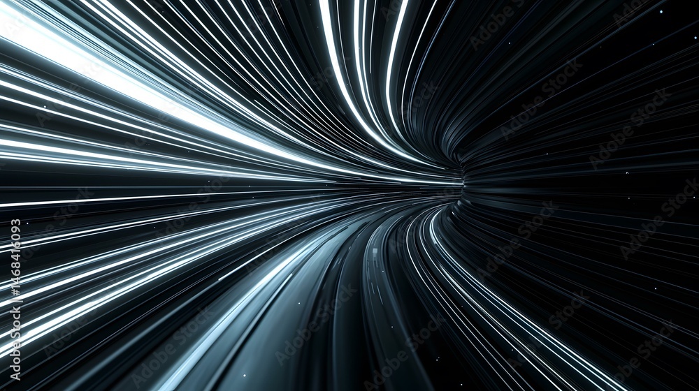 Poster the image shows a dark, abstract tunnel with bright, glowing lines creating a sense of speed and mov