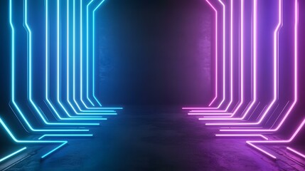 A dark, grunge-textured floor is illuminated by vibrant neon blue and pink lines forming parallel pathways that recede into the background.