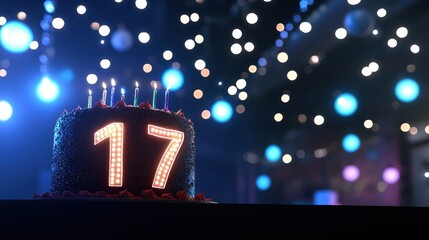 Bright High Energy 17th Birthday Party Cake with Number Seventeen and Colorful Lights