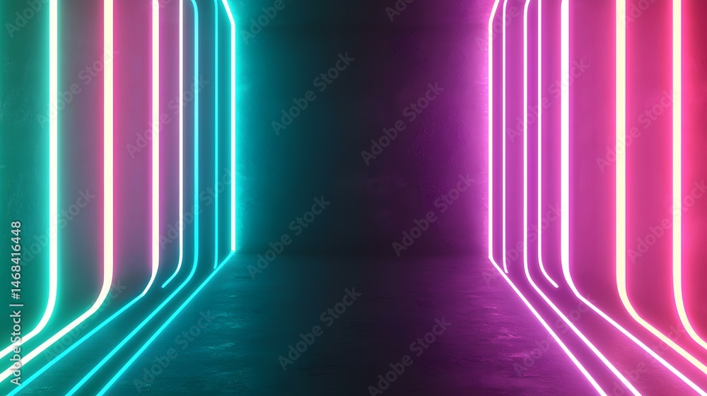 Poster a dark, empty room is illuminated by vibrant teal and pink neon lights arranged in parallel lines, c