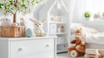 Whimsical kids room design featuring mini easter tree and playful decor elements