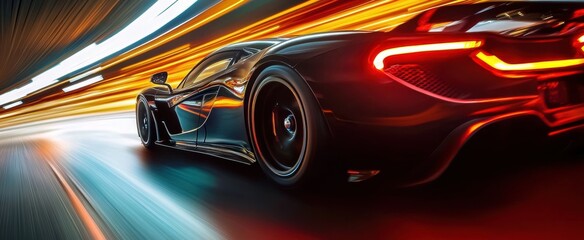 Fototapeta premium Dynamic Motion of a Sleek Black Sports Car on a Blurred Highway with Vibrant Light Trails