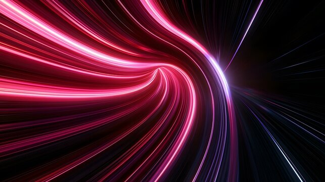 The image contains an abstract design of swirling, glowing lines of pink, purple, and white light against a black background.  The lines create a sense of movement and speed, converging towards a bri