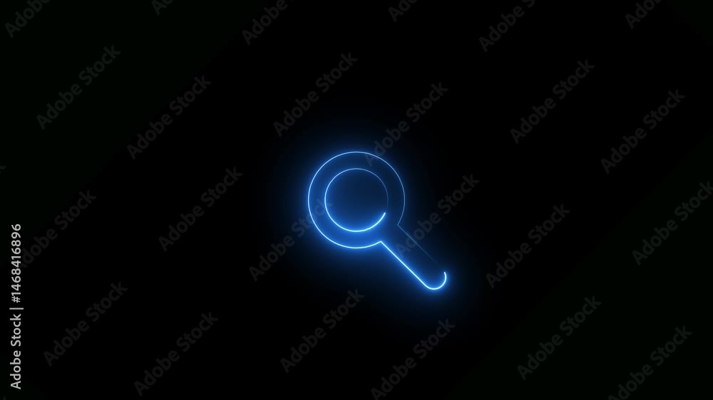 Poster search bar neon icon search tool magnify zoom on black background. neon glowing red color search ico