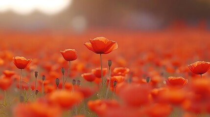 Obraz premium Sunset Poppy Field, Blooming Flowers