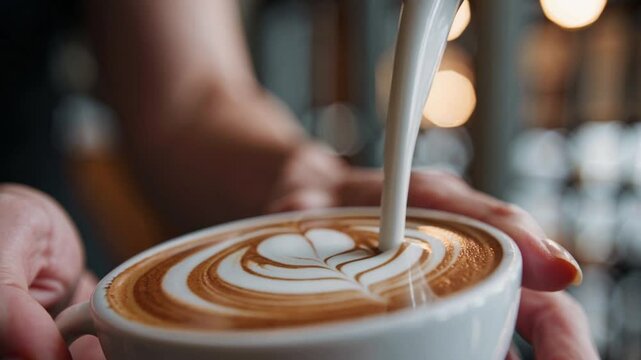 Close-up of barista crafting rosetta latte art in cappuccino foam, blurred cozy caf&eacute; interior glowing behind.
