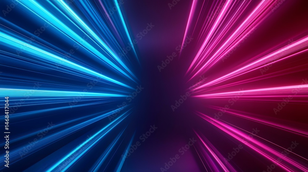 Poster the image contains vibrant blue and pink streaks of light emanating from a central point, creating a
