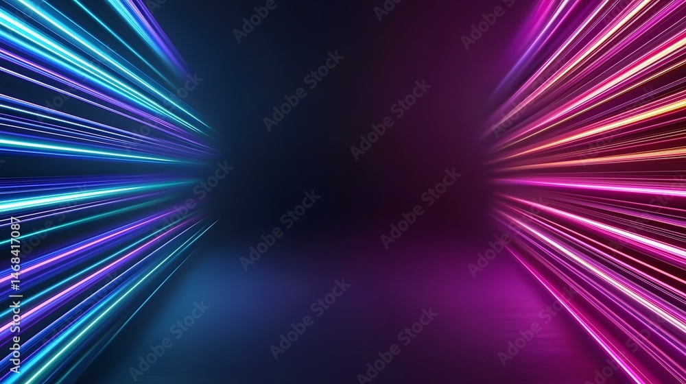 Poster the image contains a dark background with vibrant neon light streaks radiating from opposite corners