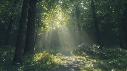 Forest path is illuminated by the sun, creating a peaceful and serene atmosphere