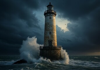 Lighthouse with Waves Crashing Under Stormy Sky Coastal Landscape Photo
