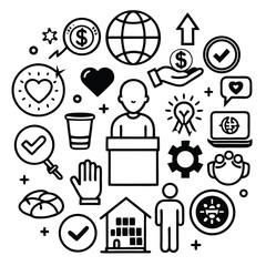 A collection of black and white line icons representing charity, support, and donation on a white background.