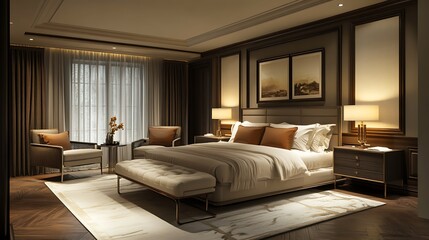 Luxurious Master Bedroom Interior Design: Elegant and Serene Nighttime Ambiance