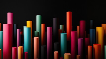 Obraz premium Colorful arrangement of cylindrical shapes in a dynamic pattern. showcasing vibrant hues against a dark background. ideal for abstract art or design purposes