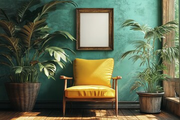 Rustic interior scene with a vibrant yellow armchair.