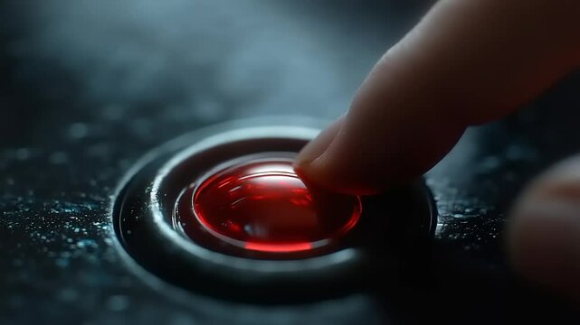 Finger presses glowing red button on dark surface.