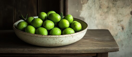 Freshly harvested unripe green olives in speckled bowl on aged wooden table