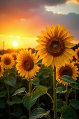 Obraz premium Golden hour light bathes tall sunflowers, vibrant sunset hues paint the sky , serenity, ray