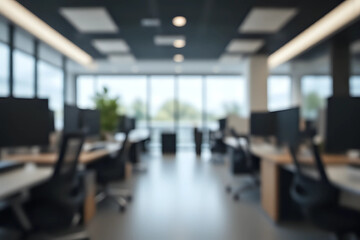Blurred office interior space background. Blurred interior of modern office workplace a workspace design without partition decorate with black, white and wooden furniture