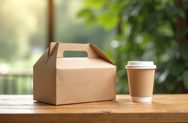 Eco-friendly food takeaway box and paper cup on bamboo table in soft daylight, blank mockup ready for branding